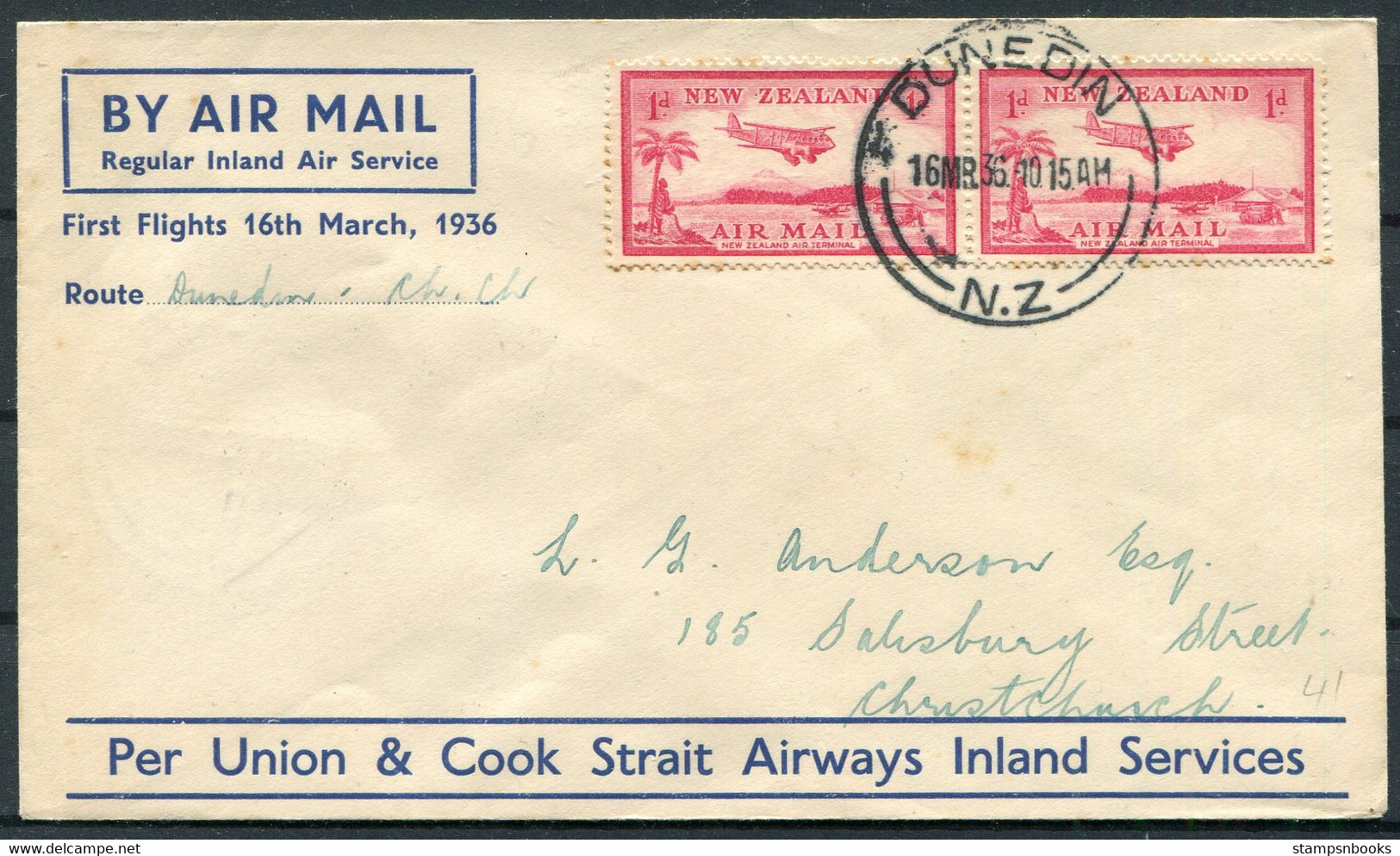 1936 (March 16th) New Zealand First Flight Airmail Cover Dunedin - Christchurch - Poste Aérienne