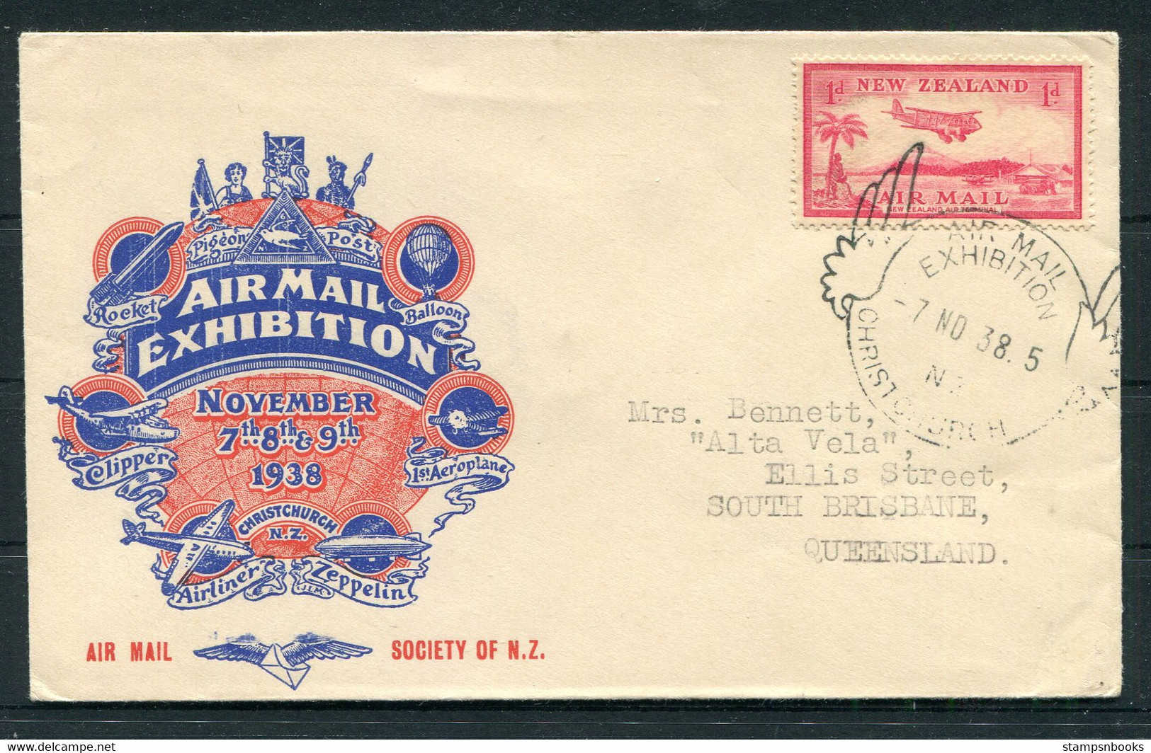 1938 (Nov 7th) New Zealand Christchurch National Airmail Exhibition Cover - Luchtpost