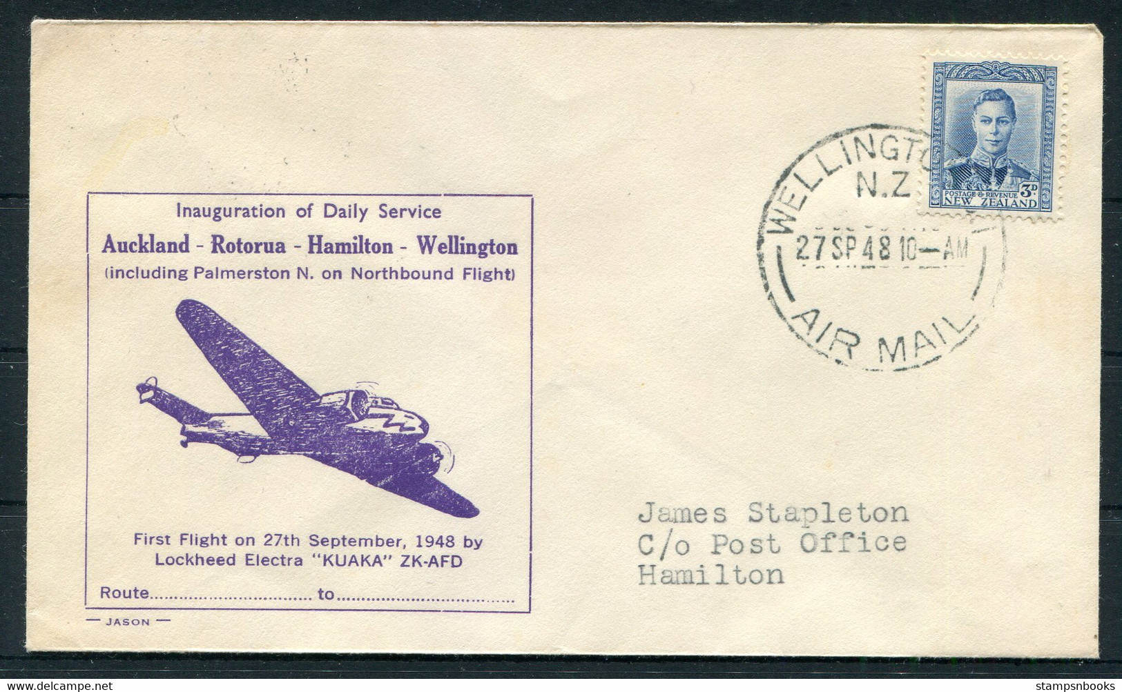 1948 (Sept 27th) New Zealand First Flight Airmail Cover Wellington - Hamilton - Luchtpost