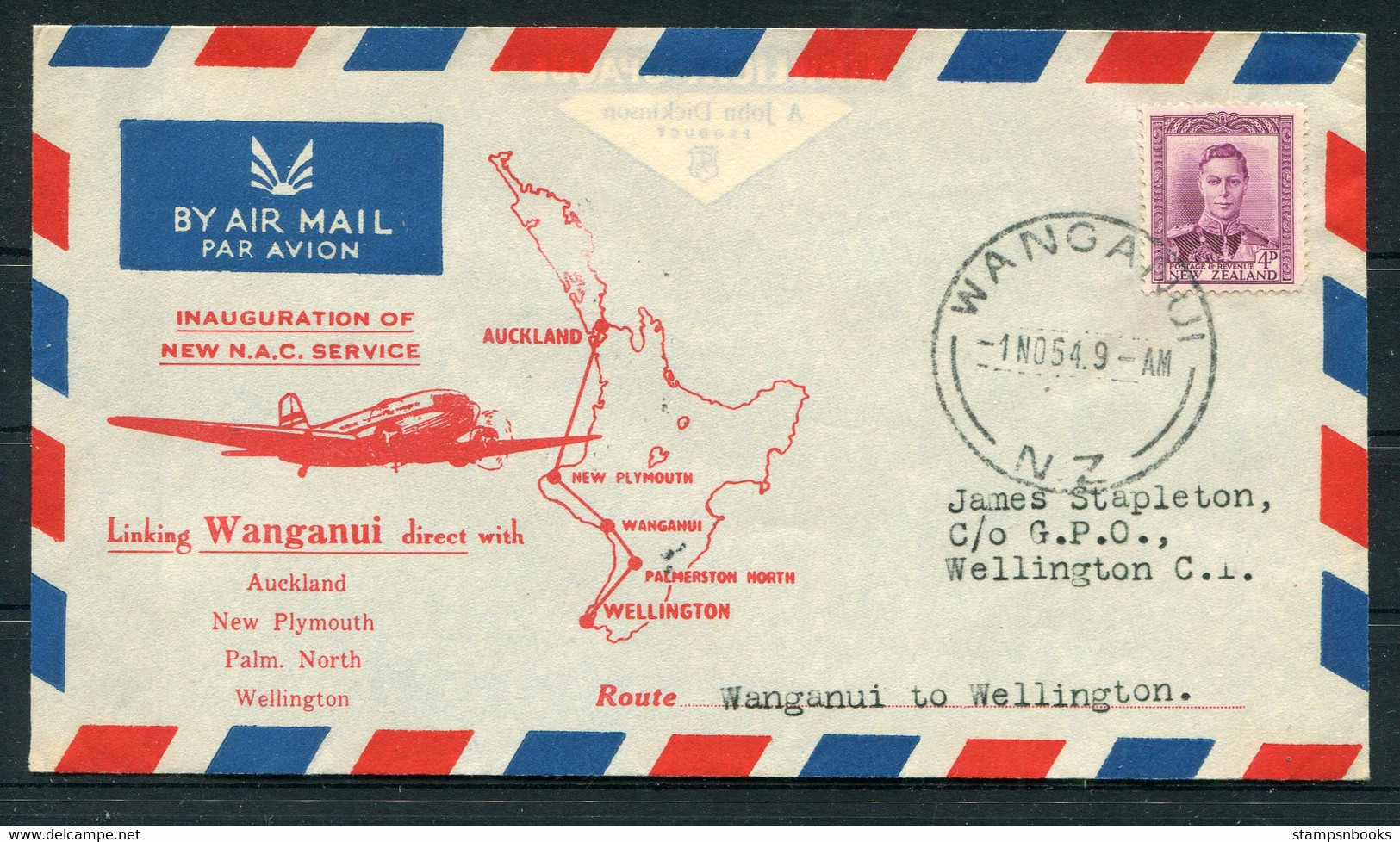 1954 (Nov 1st) New Zealand First Flight Airmail Cover Wanganui - Wellington - Airmail