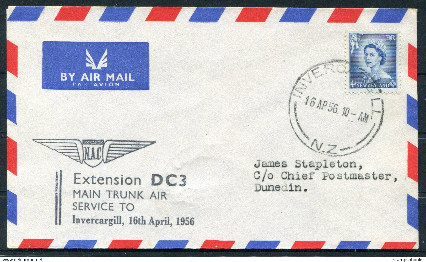 1956 (April 16th) New Zealand First Flight Airmail Cover Invercargill - Dunedin - Poste Aérienne