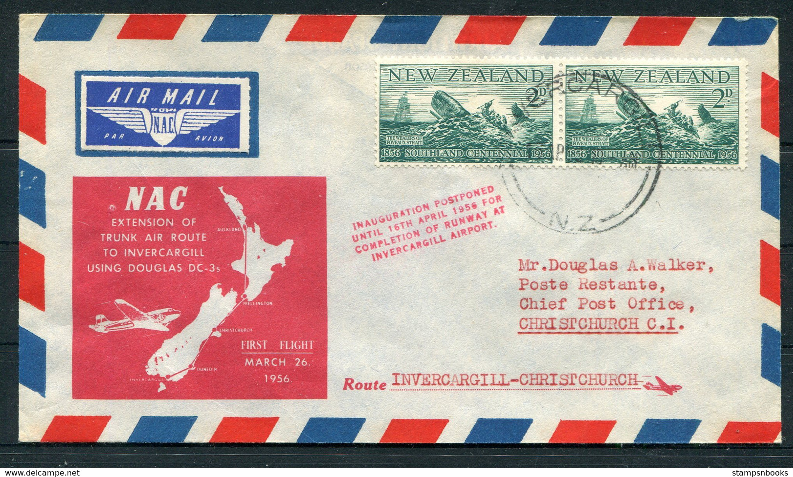 1956 (April 16th) New Zealand First Flight Airmail Cover Invercargill - Christchurch - Posta Aerea