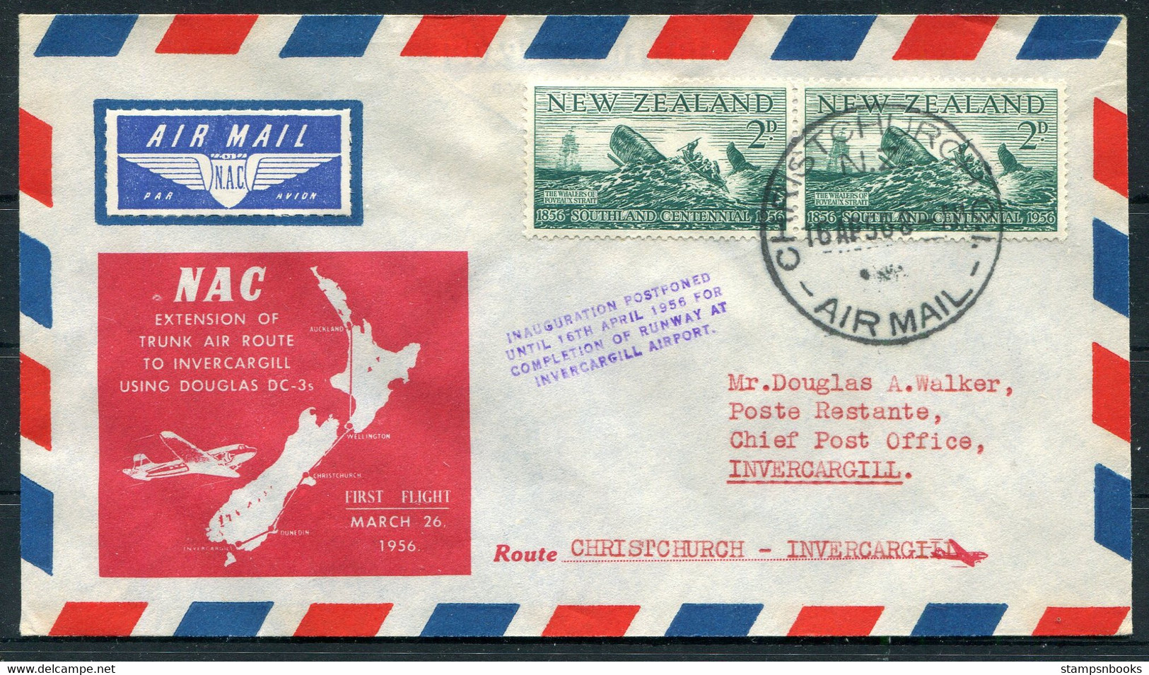 1956 (April 16th) New Zealand First Flight Airmail Cover Christchurch - Invercargill - Luftpost