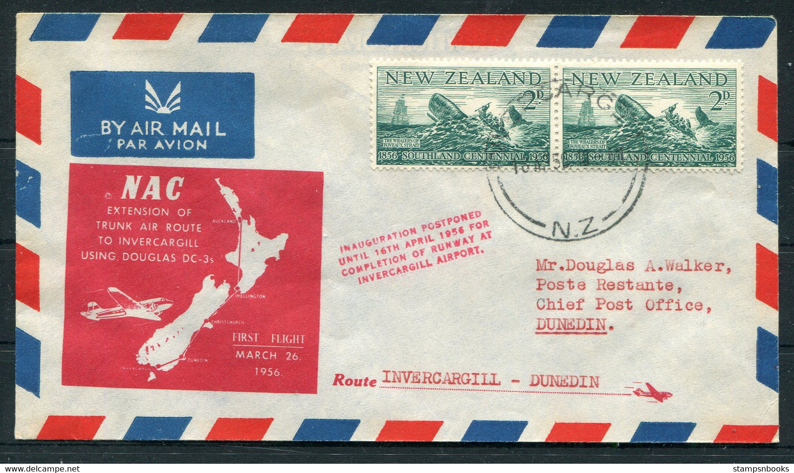 1956 (April 16th) New Zealand First Flight Airmail Cover Invercargill - Dunedin - Posta Aerea