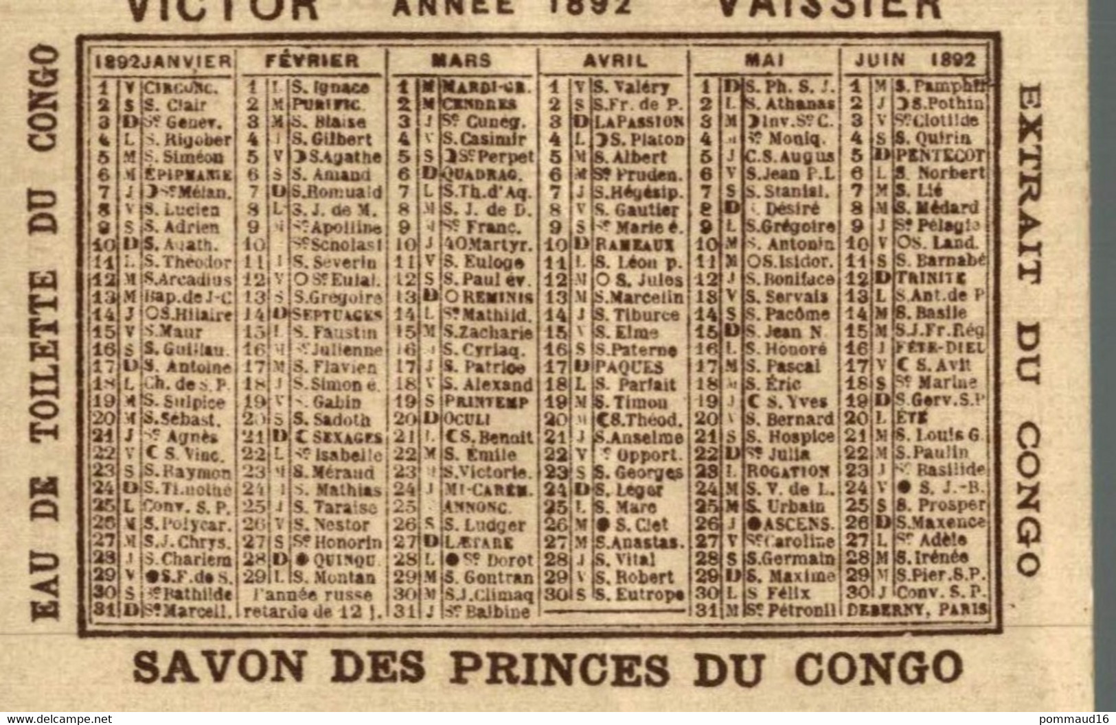 Calendrier 1892 Victor Vaissier, Savon Des Princes Du Congo - Formato Piccolo : ...-1900