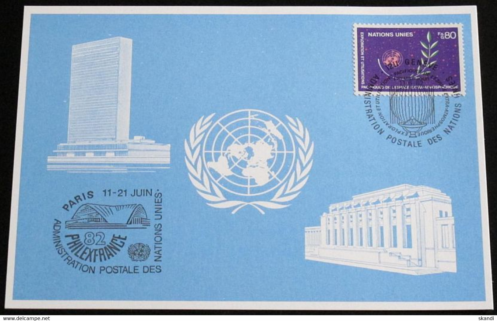 UNO GENF 1982 Mi-Nr. 111 Blaue Karte - Blue Card Mit Erinnerungsstempel PHILEXFRANCE 82 PARIS - Briefe U. Dokumente