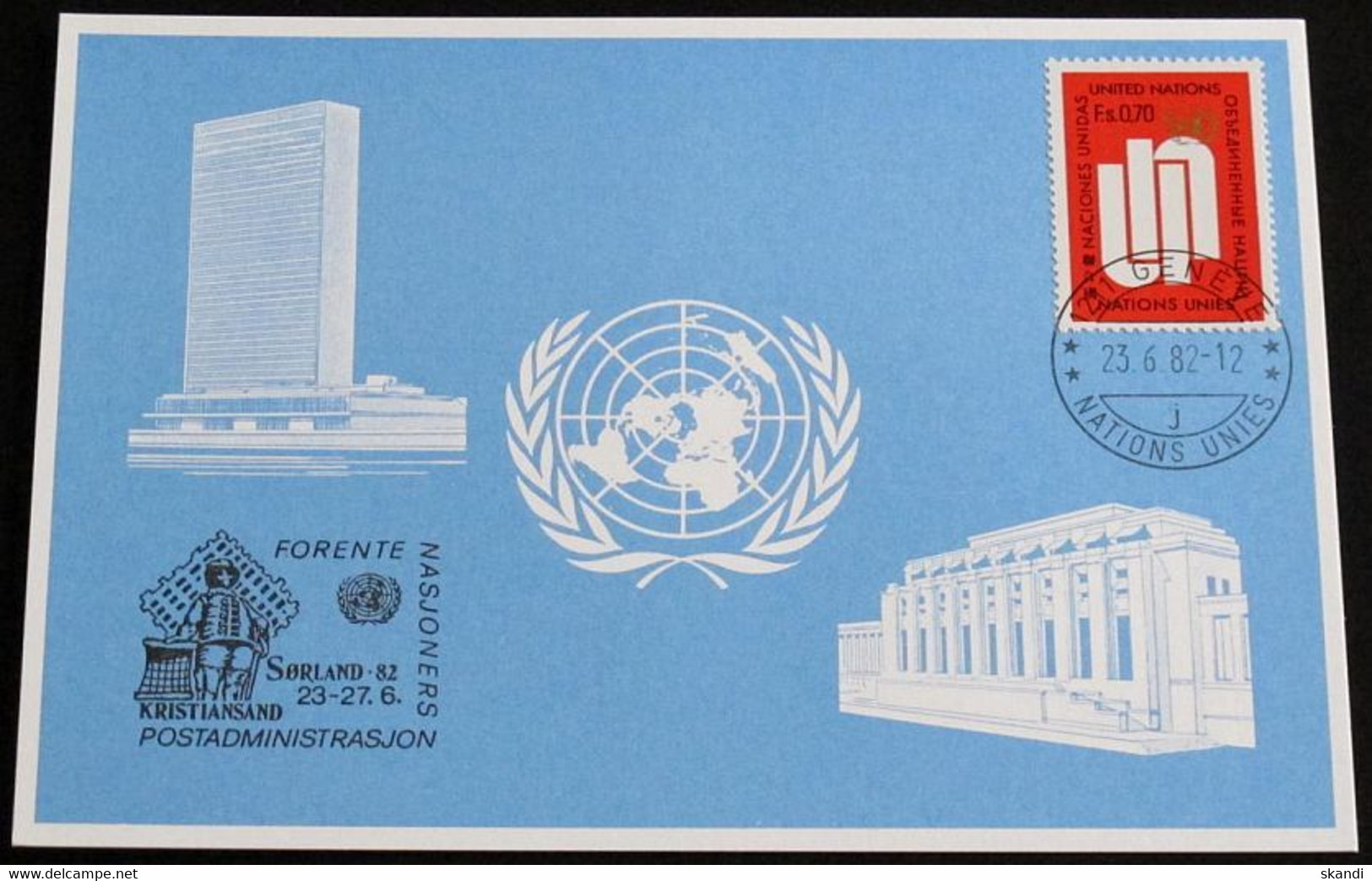 UNO GENF 1982 Mi-Nr. 112 Blaue Karte - Blue Card Mit Erinnerungsstempel SORLAND 82 KRISTIANSAND - Cartas & Documentos