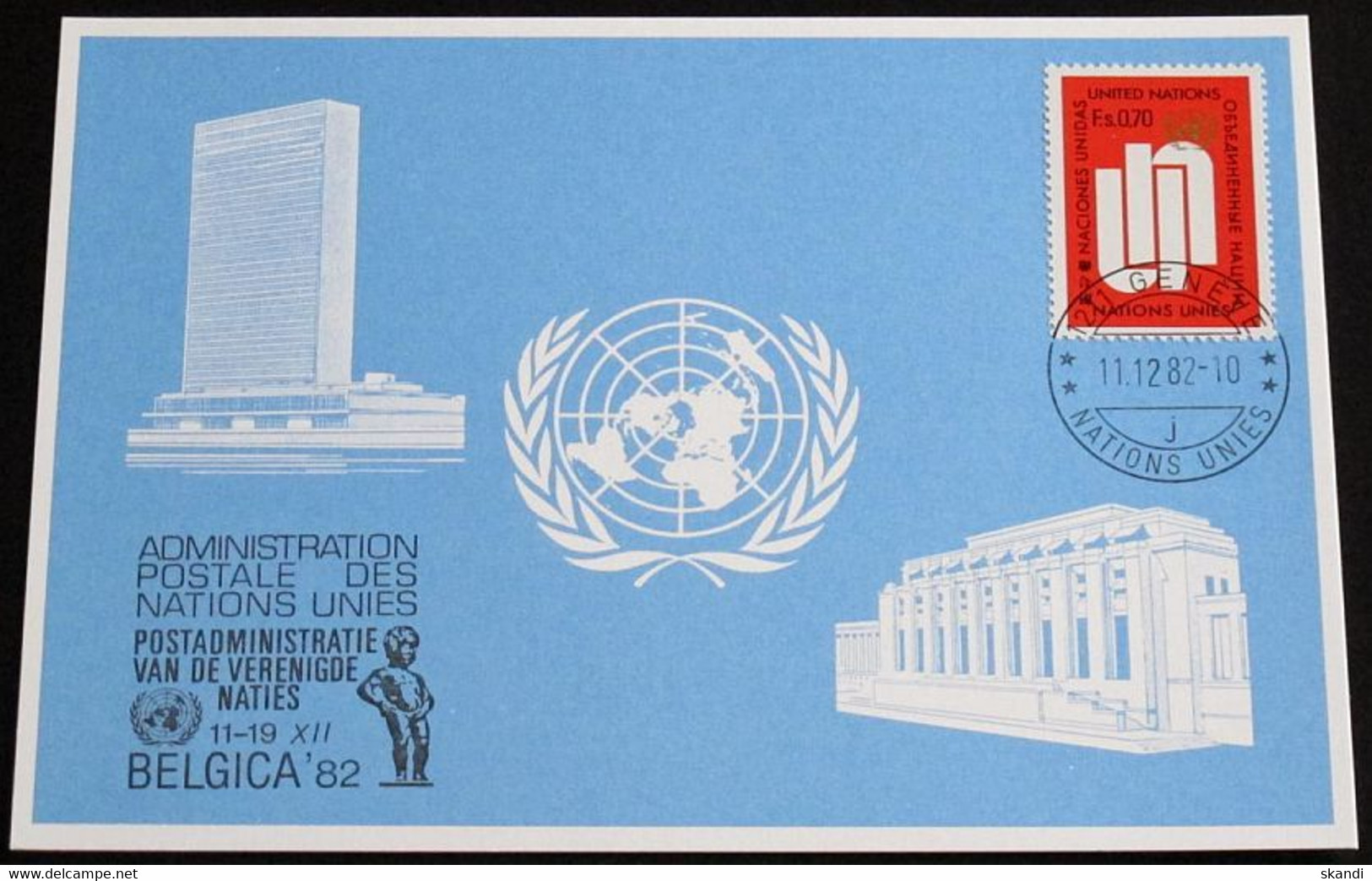 UNO GENF 1982 Mi-Nr. 118 Blaue Karte - Blue Card Mit Erinnerungsstempel BELGICA 82 BRÜSSEL - Lettres & Documents