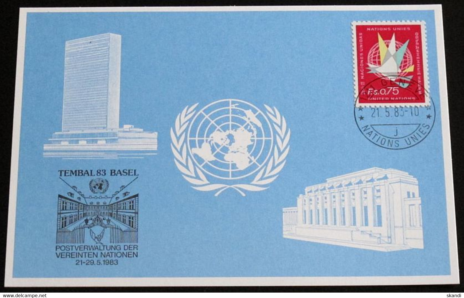 UNO GENF 1983 Mi-Nr. 123 Blaue Karte - Blue Card Mit Erinnerungsstempel TEMBAL 83 BASEL - Cartas & Documentos