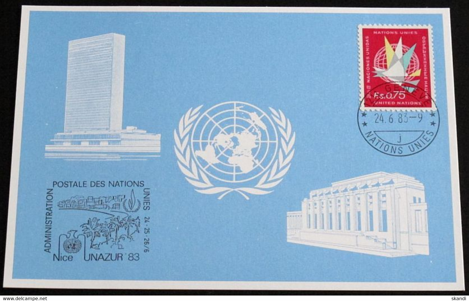 UNO GENF 1983 Mi-Nr. 124 Blaue Karte - Blue Card Mit Erinnerungsstempel UNAZUR 83 NIZZA - Lettres & Documents