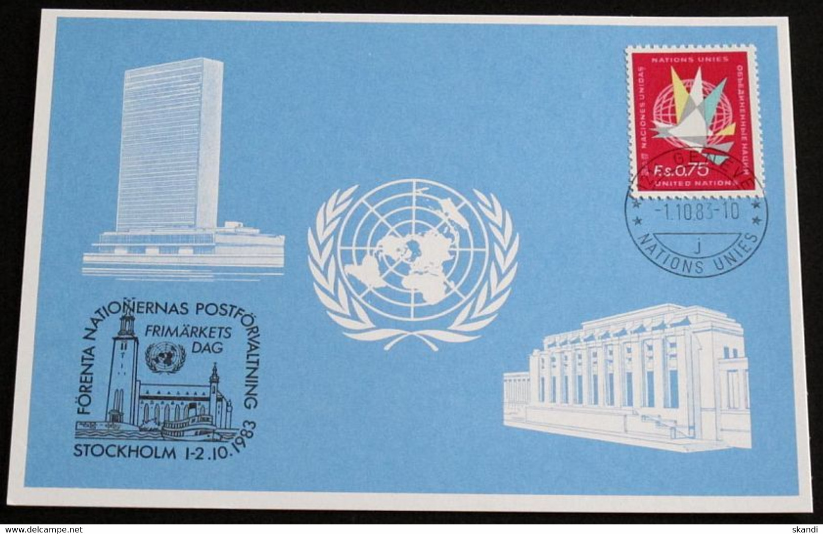 UNO GENF 1983 Mi-Nr. 126 Blaue Karte - Blue Card Mit Erinnerungsstempel STOCKHOLM - Briefe U. Dokumente