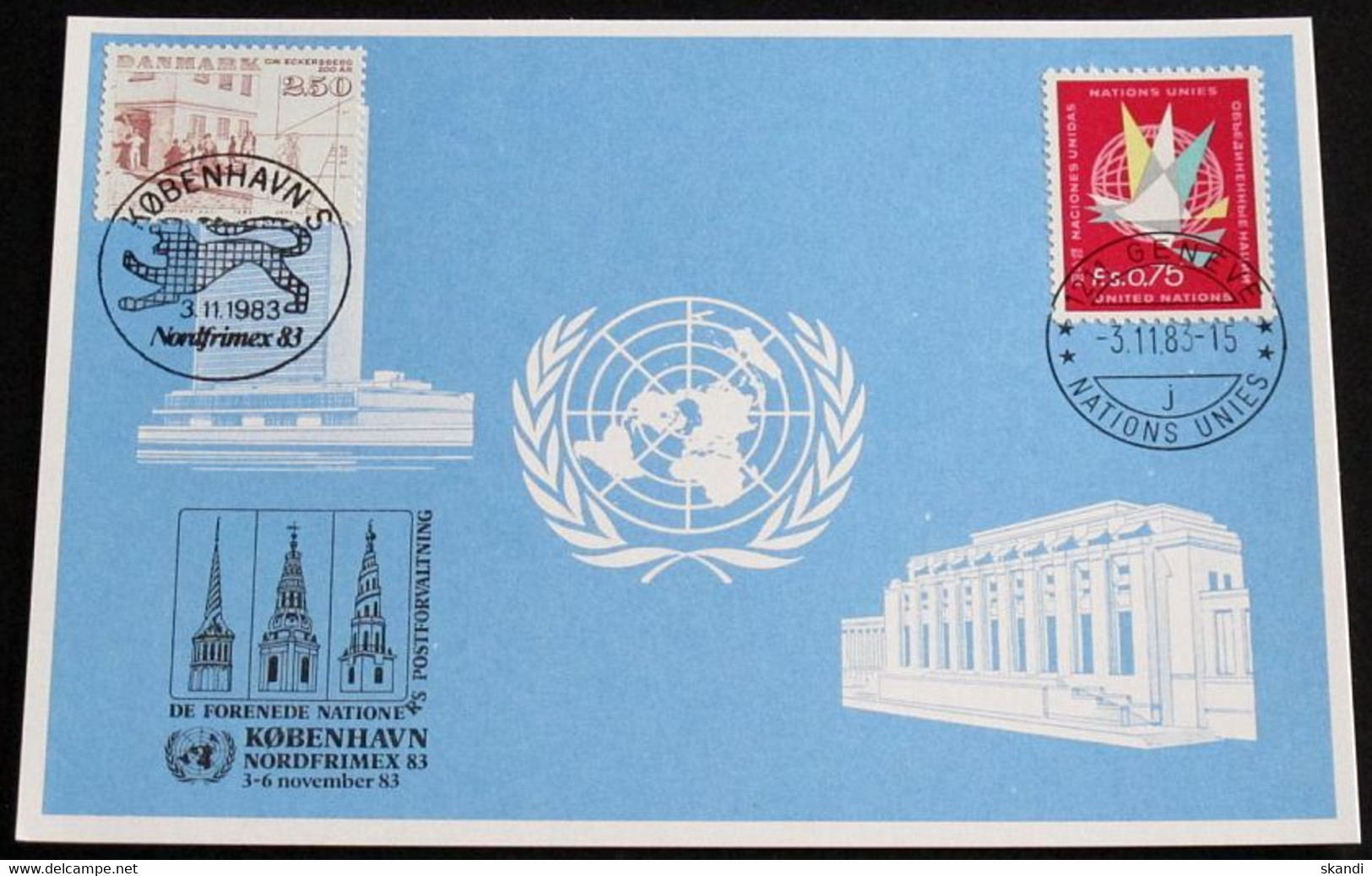 UNO GENF 1983 Mi-Nr. 128 Blaue Karte - Blue Card Mit Erinnerungsstempel KOPENHAGEN - Brieven En Documenten