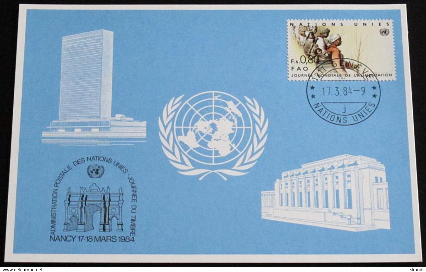 UNO GENF 1984 Mi-Nr. 130 Blaue Karte - Blue Card Mit Erinnerungsstempel NANCY - Covers & Documents