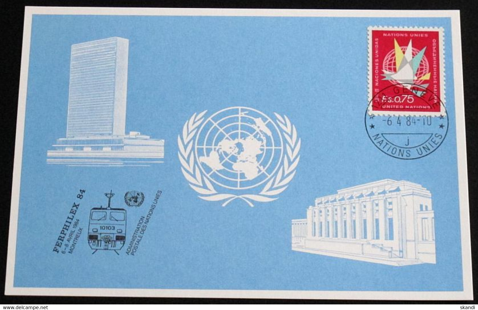 UNO GENF 1984 Mi-Nr. 132 Blaue Karte - Blue Card Mit Erinnerungsstempel FERPHILEX 84 MONTREUX - Briefe U. Dokumente