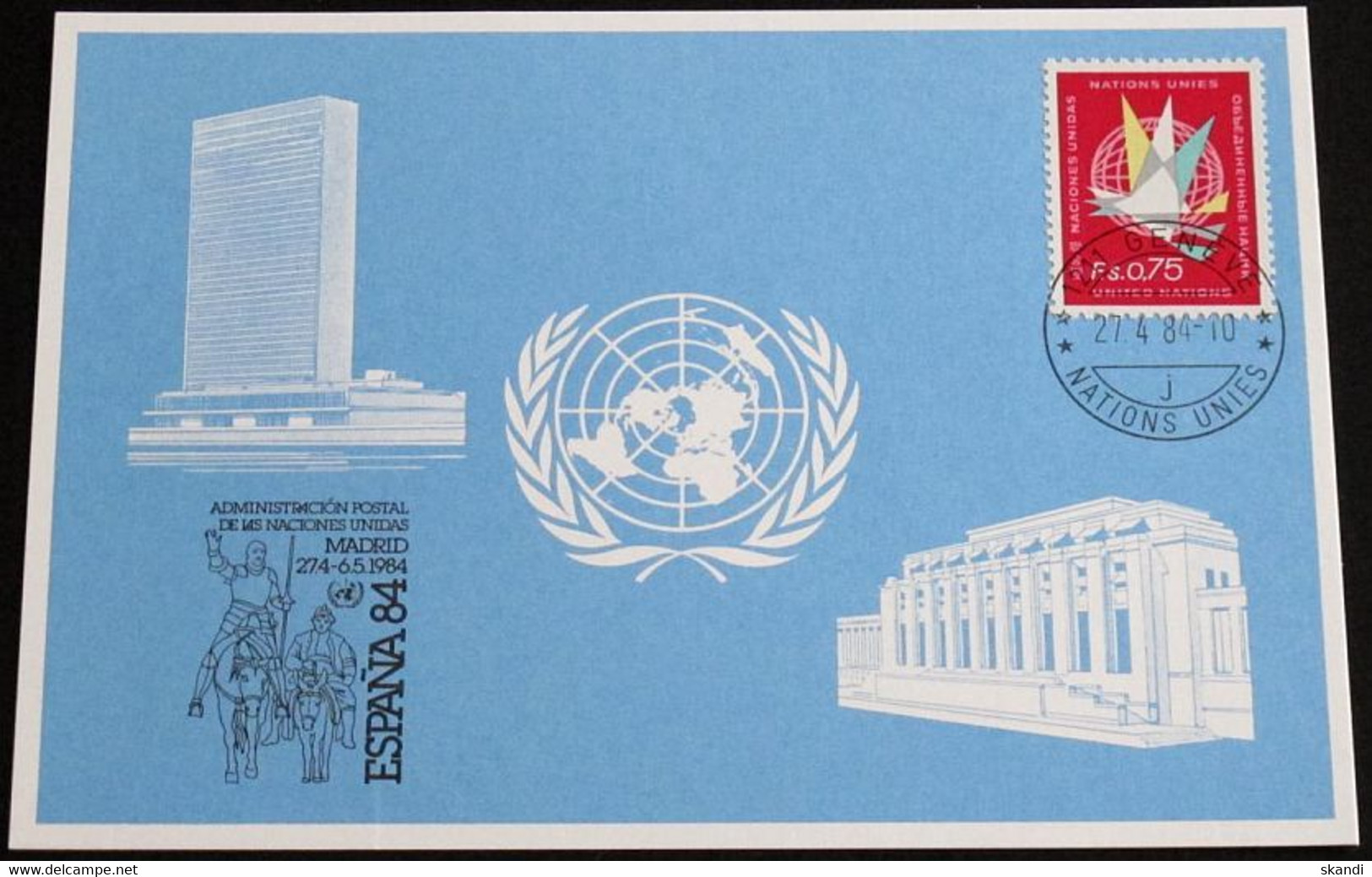 UNO GENF 1984 Mi-Nr. 133 Blaue Karte - Blue Card Mit Erinnerungsstempel ESPANA 84 MADRID - Storia Postale