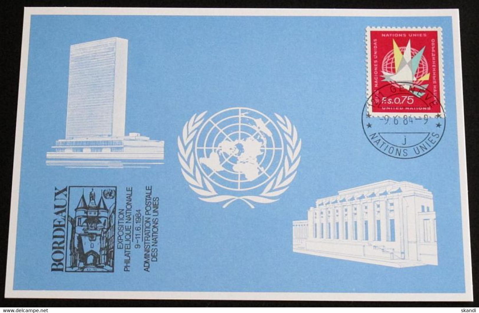 UNO GENF 1984 Mi-Nr. 134 Blaue Karte - Blue Card Mit Erinnerungsstempel BORDEAUX - Briefe U. Dokumente