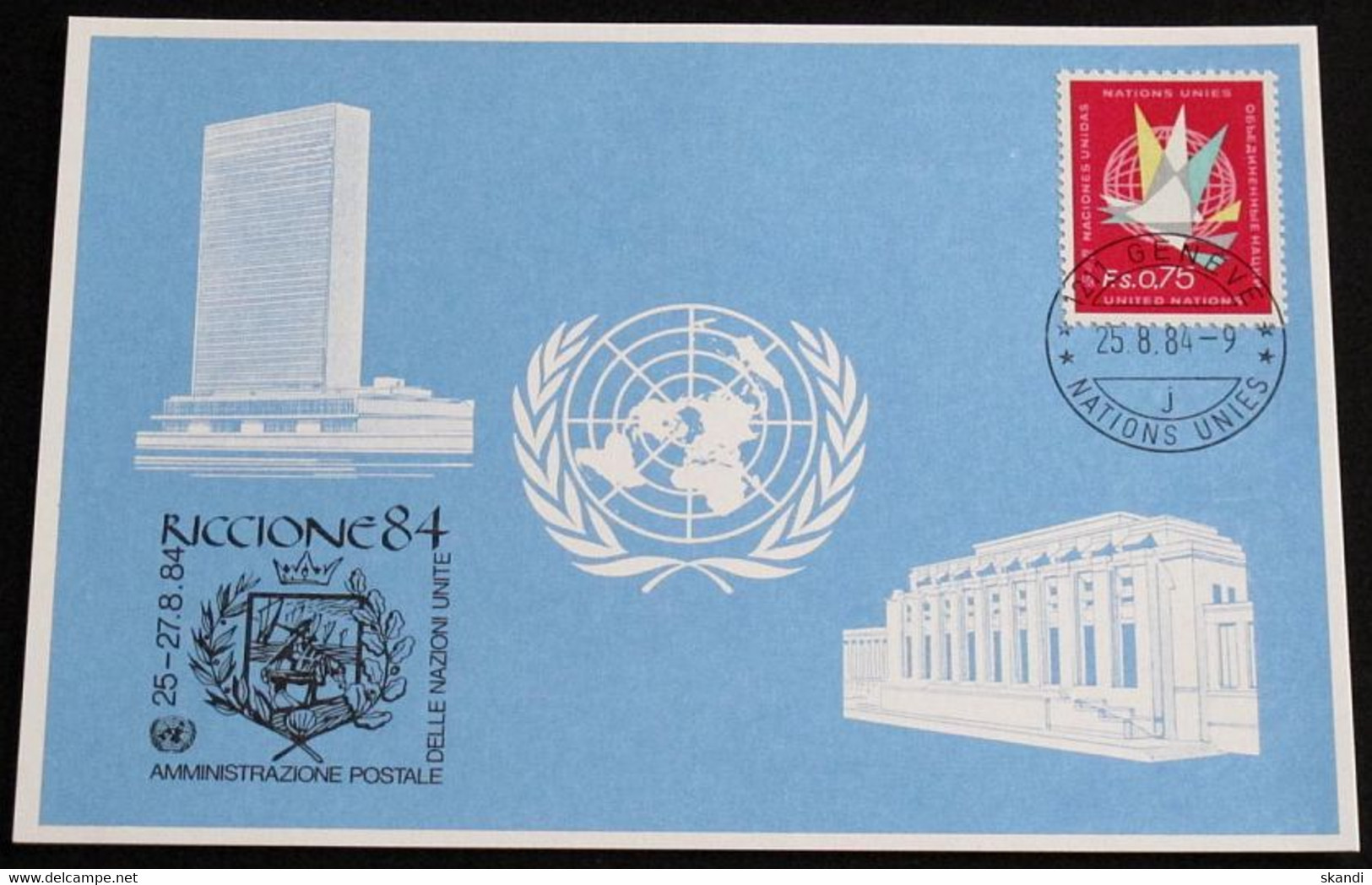 UNO GENF 1984 Mi-Nr. 136 Blaue Karte - Blue Card Mit Erinnerungsstempel RICCIONE - Cartas & Documentos