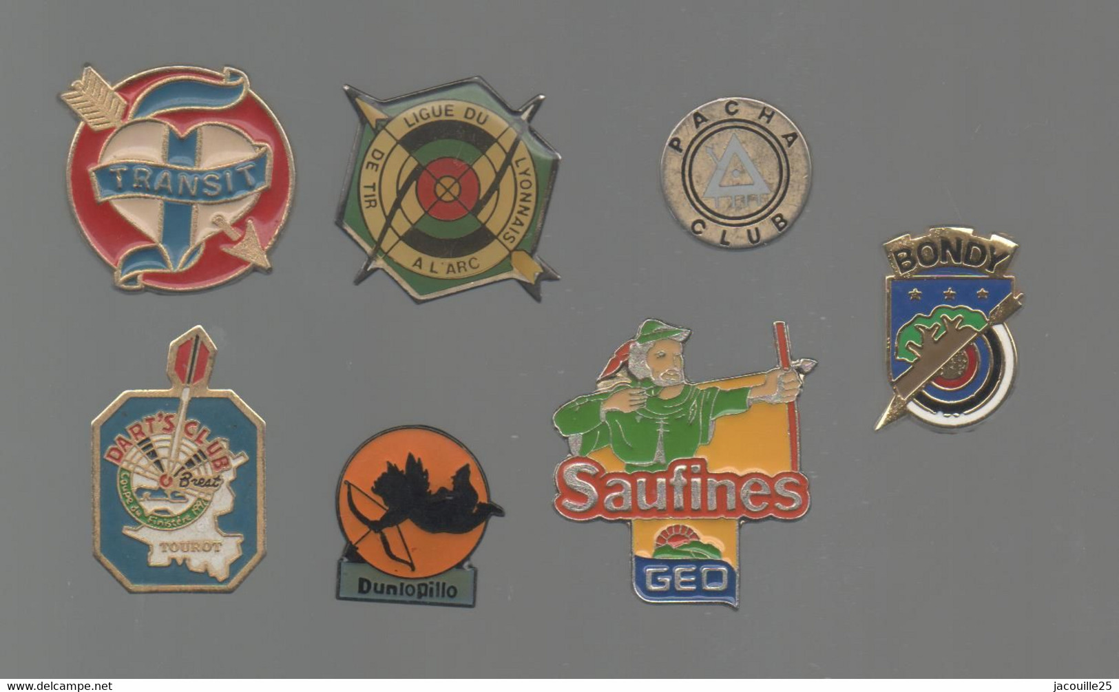 PINS PIN'S TIR A L'ARC 1031 FLECHETTES DUNLOPILO BONDY TRANSIT SAUFINE GEO PACHA CLUB NUMEROTE 20 LYON   LOT 7 PINS - Tiro Con L'Arco