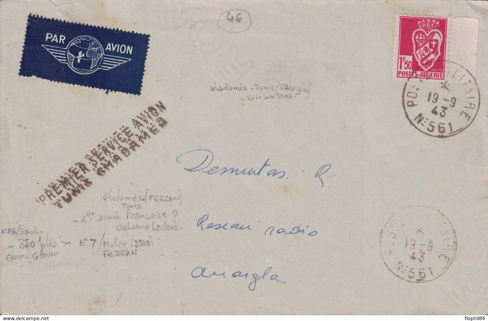 FEZZAN - GHADAMES - POSTE MILITAIRE N°561 - 19-9-1943 - GRIFFE AERIENNE 1er SERVICE AVION TUNIS GHADAMES - RARE - Covers & Documents