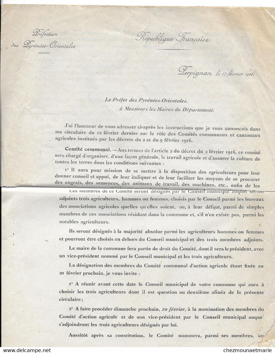 1916 PERPIGNAN - LE PREFET POUR LES MAIRES DU DEPARTEMENT - LOT DE 2 DOCUMENTS - Historische Dokumente