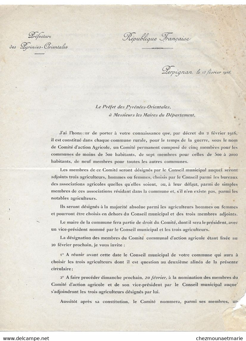 1916 PERPIGNAN - LE PREFET POUR LES MAIRES DU DEPARTEMENT - LOT DE 2 DOCUMENTS - Historische Dokumente