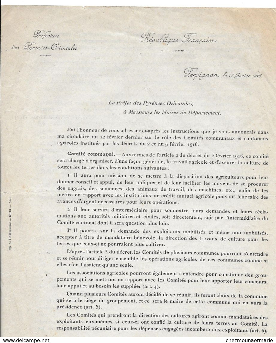 1916 PERPIGNAN - LE PREFET POUR LES MAIRES DU DEPARTEMENT - LOT DE 2 DOCUMENTS - Historische Dokumente