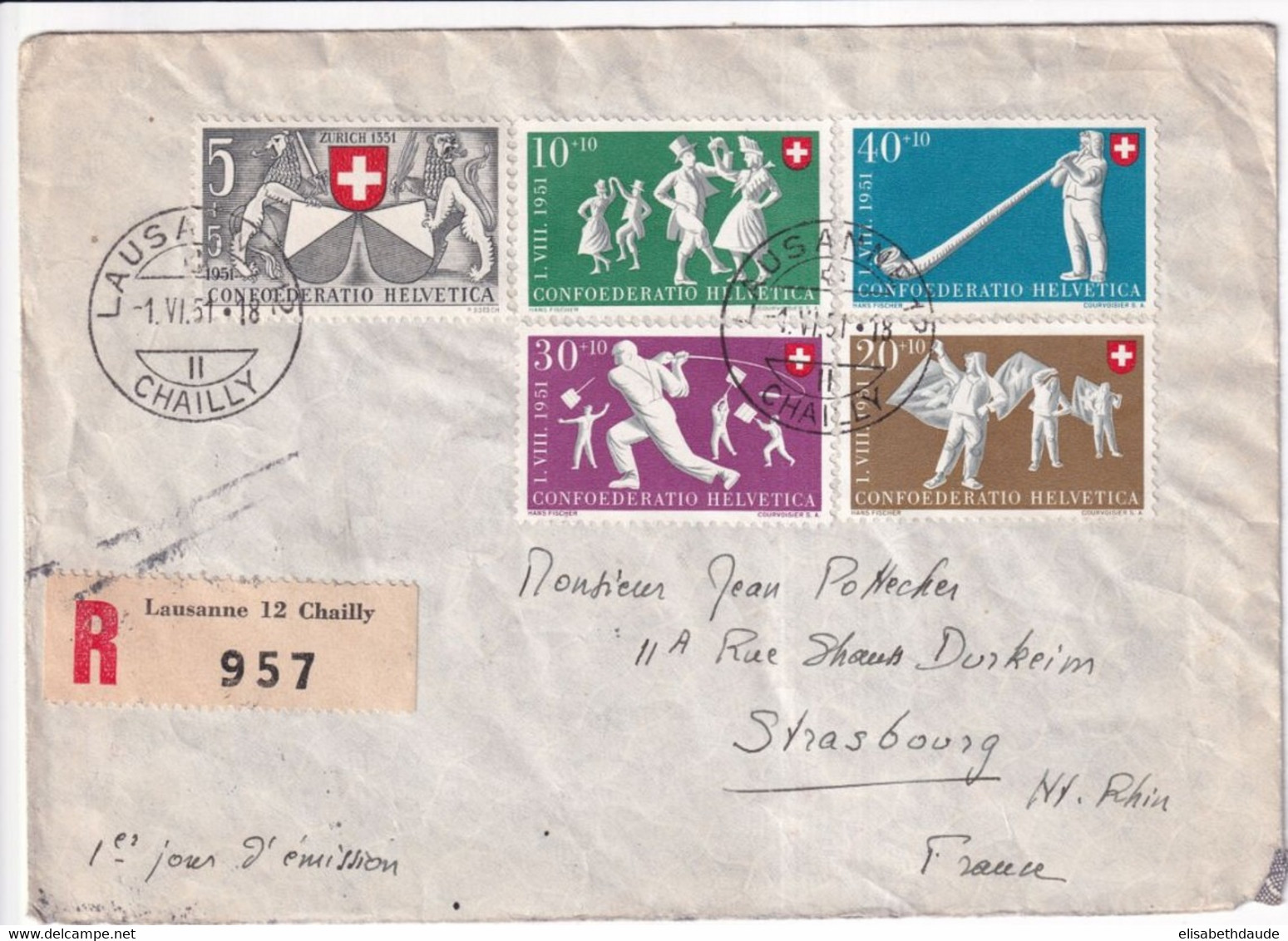 SUISSE - 1951 - PRO-PATRIA Zum.51/55 Sur RARE ! ENVELOPPE FDC RECOMMANDEE De LAUSANNE (COTE 2005 = 295 SFR)=> STRASBOURG - Storia Postale