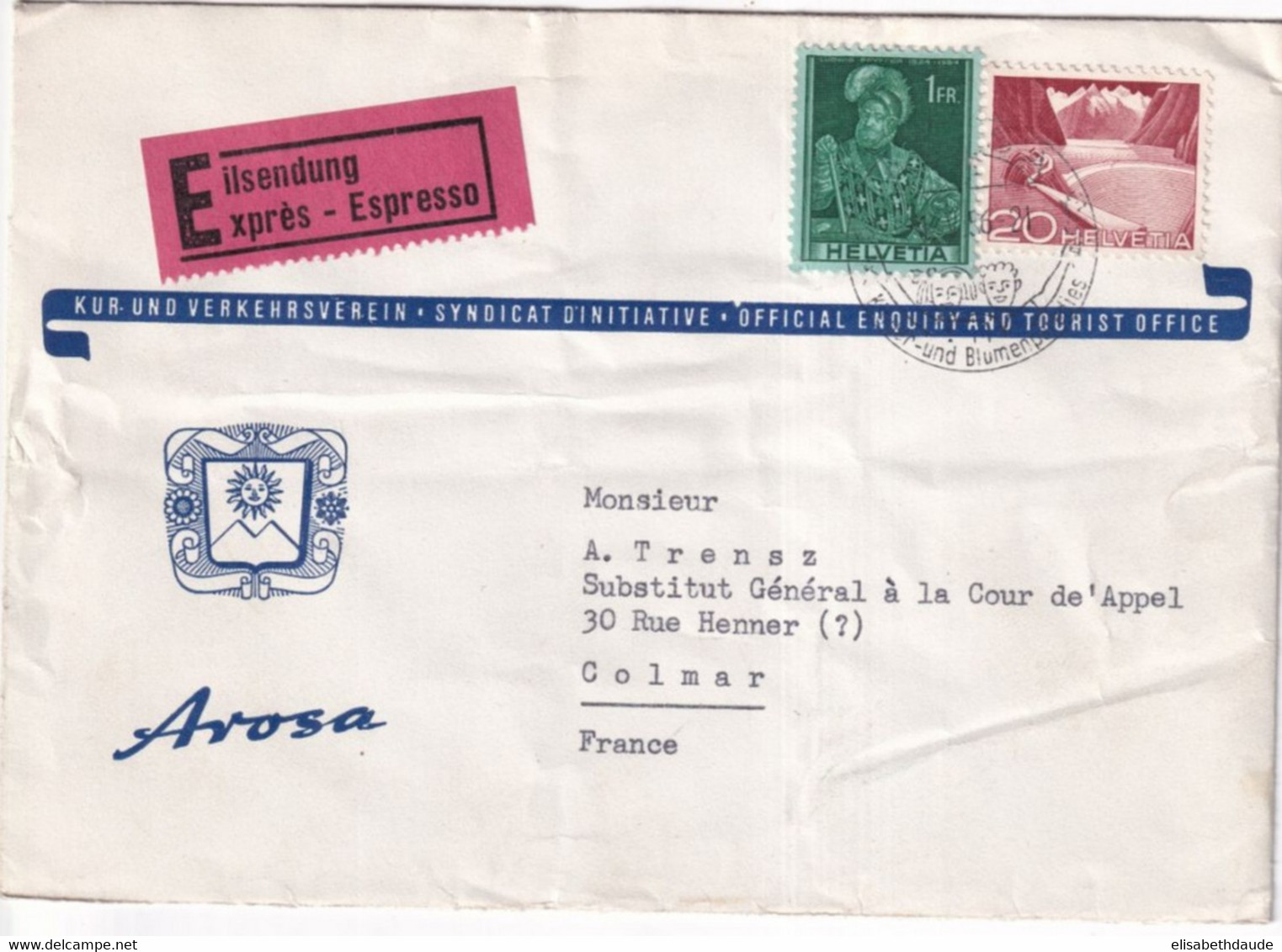 SUISSE - 1956 - ENVELOPPE EXPRES ! Du TOURIST OFFICE De AROSA => COLMAR - Lettres & Documents