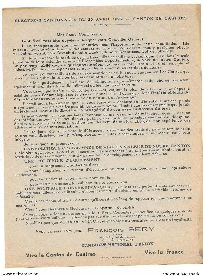 1958 CASTRES ELECTIONS CANTONALES - DOCUMENT PAR FRANCOIS SERY CANDIDAT - Documenti Storici