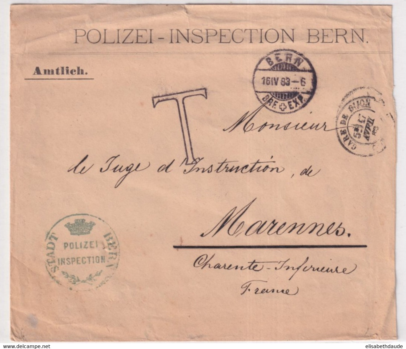 SUISSE - 1883 - ENV. En FRANCHISE ! De POLICE De BERN TAXE ! => JUGE à MARENNES (CHARENTE INF.) AMBULANT RAPIDE Au DOS ! - Postmark Collection