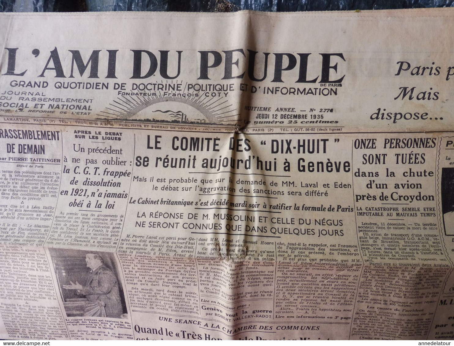 1935 L'AMI DU PEUPLE: Terrible Accident Avion Croydon; Sympathicothérapie; Trouble à Somowrostro (Espagne); Etc - Algemene Informatie