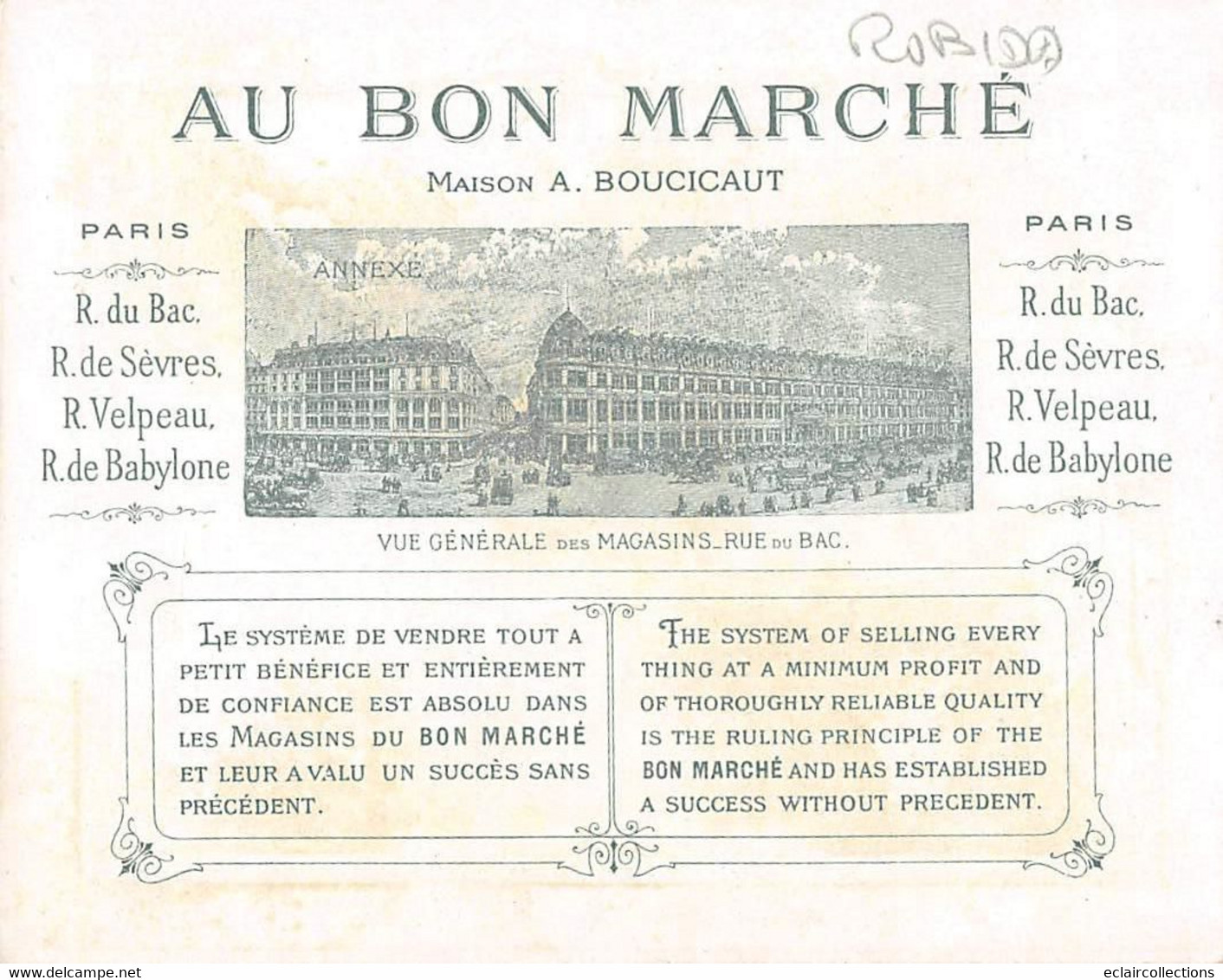 Image chromo  Au Bon Marché   4 Dessins  14 x 10.5cm  Vieux Paris Expo 1900 par Robida      (voir scan)