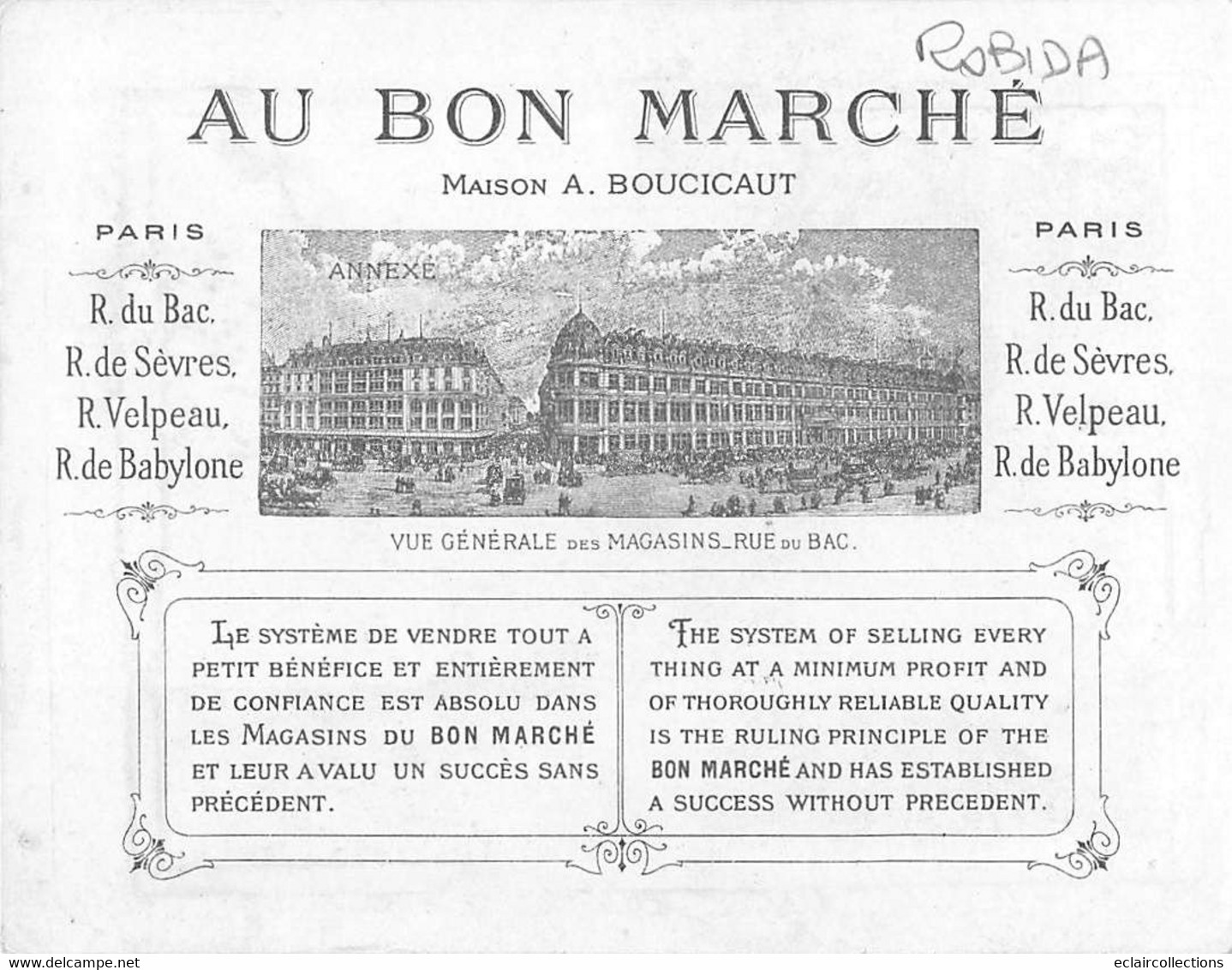 Image chromo  Au Bon Marché   4 Dessins  14 x 10.5cm  Vieux Paris Expo 1900 par Robida      (voir scan)