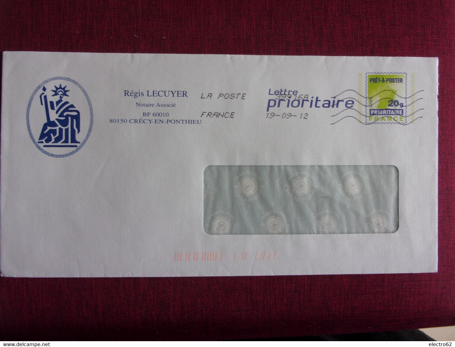 France Entier Postal PAP Notaire Crécy-En-Ponthieu 80 Somme 19 09 2012 Lettre Prioritaire - Prêts-à-poster:private Overprinting