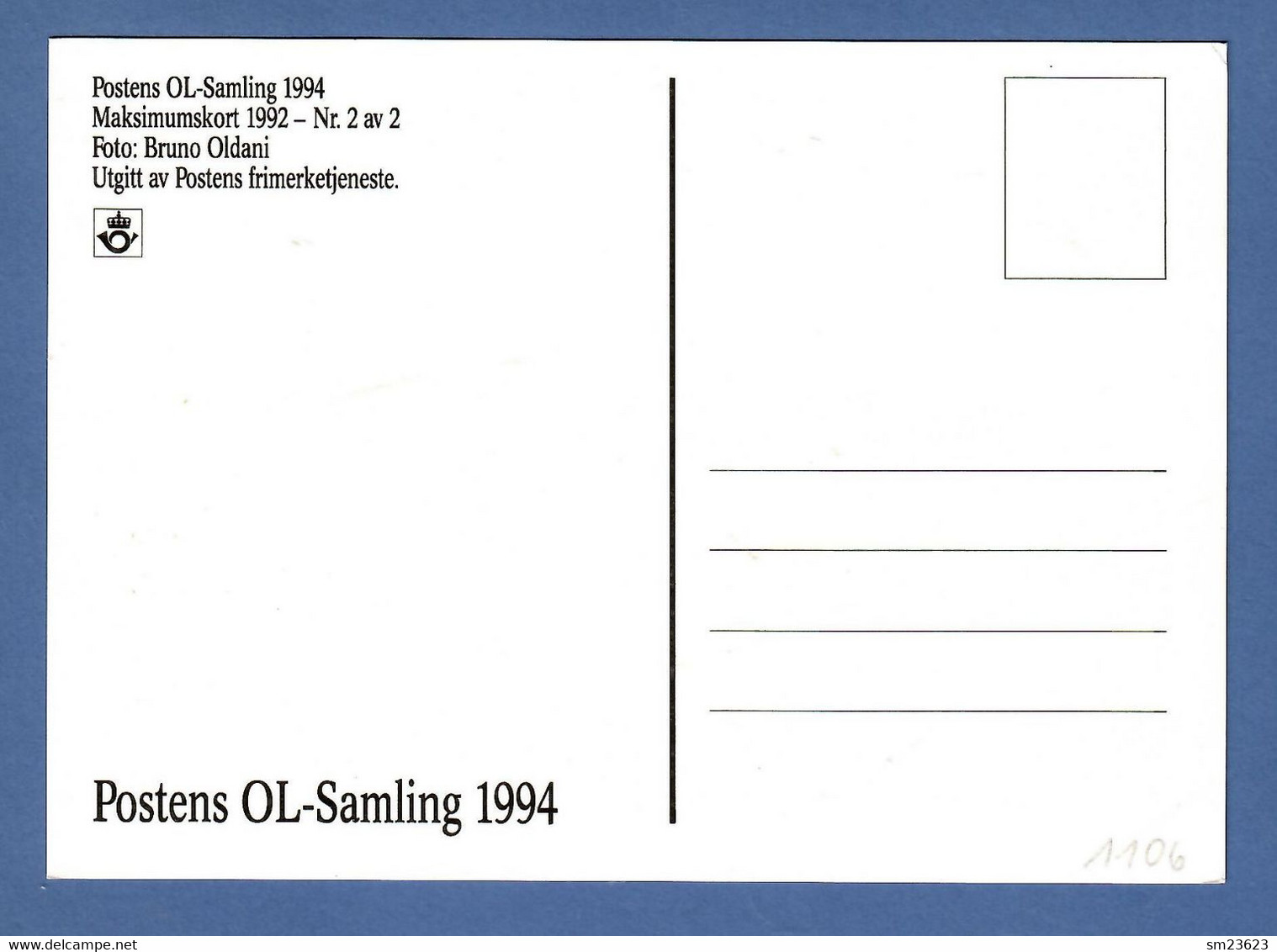 Norwegen / Norge 1992  Mi.Nr. 1106 , Olympische Winterspiele  Lillehammer - Maximum Card - Lillehammer 9.10.1992 - Tarjetas – Máximo