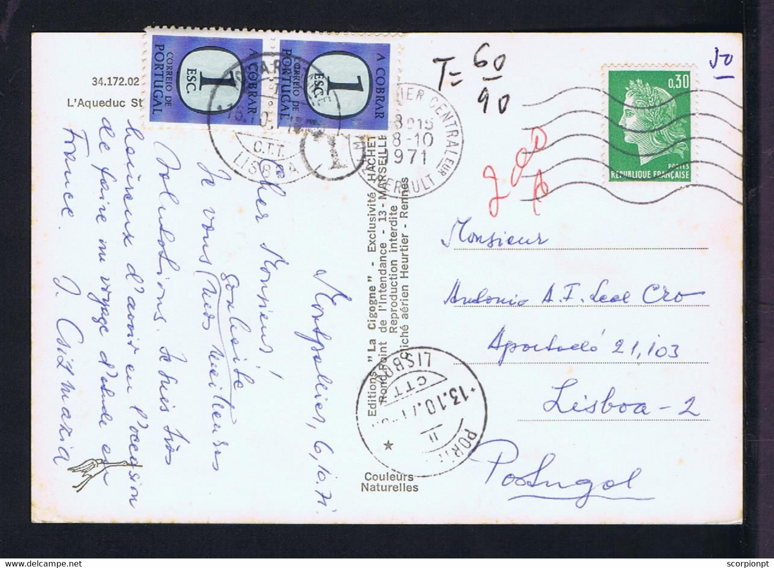 Sp7828 FRANCE Postcard MONTPELLIER Aqueduc 1971 PORTEADO With Stamps Cover Mailed Portugal - Lettres & Documents