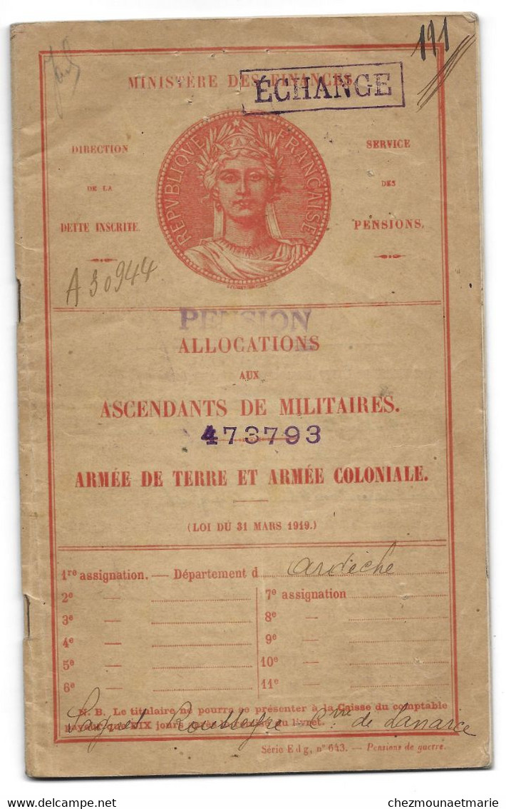 LANARCE ARDECHE - BESSON MARIE VEUVE TEYSSIER JOSEPH - LIVRET ALLOCATIONS DESCENDANTS DE MILITAIRES - Documenti Storici