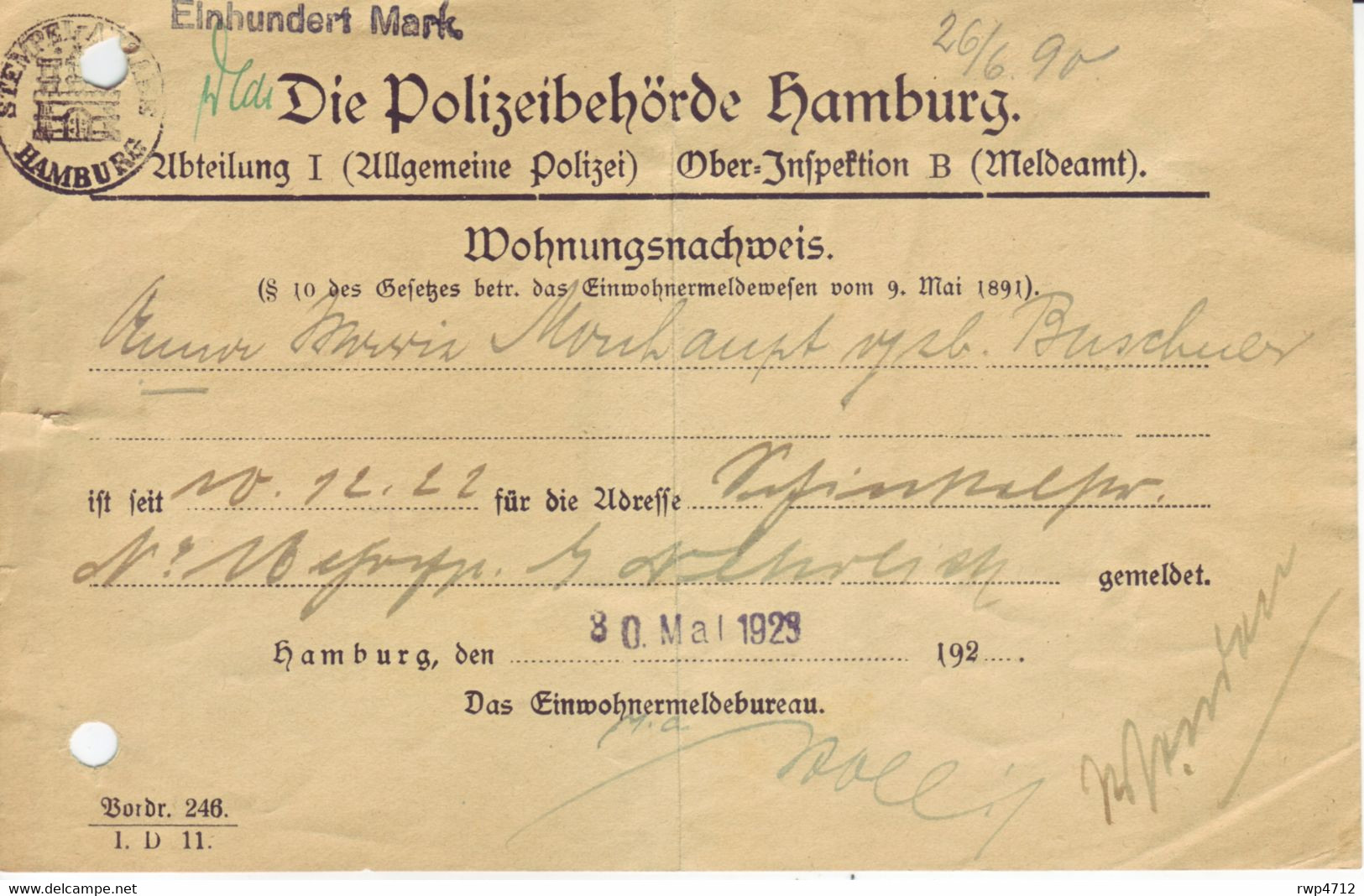 HAMBURG  Wohnungsnachweis Mit Gebührenmarken 1923 - Seals Of Generality