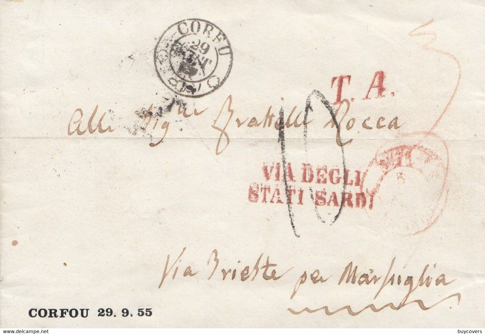 1834 - CORFU' - Lettera Con Testo Del 29 Settembre 1855 Da Corfù A Marsiglia , Via Trieste - ...-1861 Prephilately