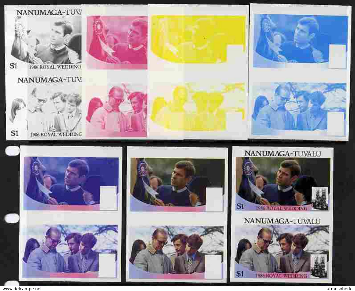 Tuvalu - Nanumaga 1986 Royal Wedding  $1 Set Of 7 Imperf Progressive Proofs Comprising The 4 Individual Colours Plus 2, - Tuvalu