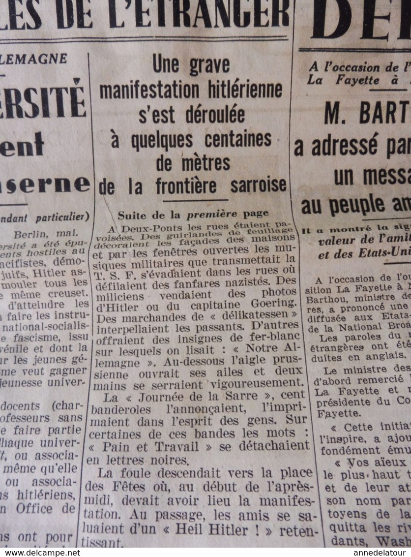 1934 L'AMI DU PEUPLE:  Les sauveteurs de la mer à l'honneur ;Manifestation hitlérienne ; IVe circuit auto-moto à Dieppe