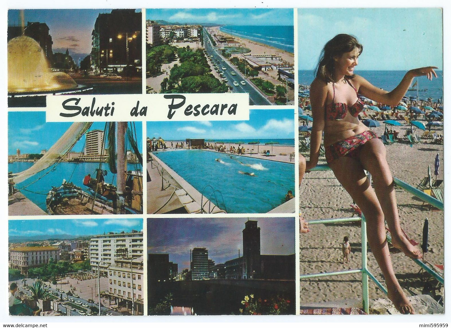 Saluti Da PESCARA (IT) - Multivues (Fontaine, Plage, Piscine, Port, Place, Pin-Up...) - Animée 1970 -Scan Recto-Verso - Pescara