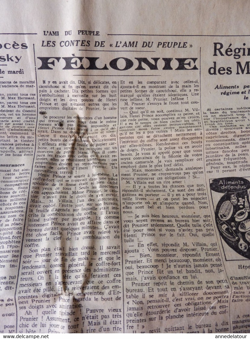 1935 L'AMI DU PEUPLE:Régime et hygiène du foie ;Terrible accident d'avion à Croydon ;Guérir par sympathicothérapie ; etc