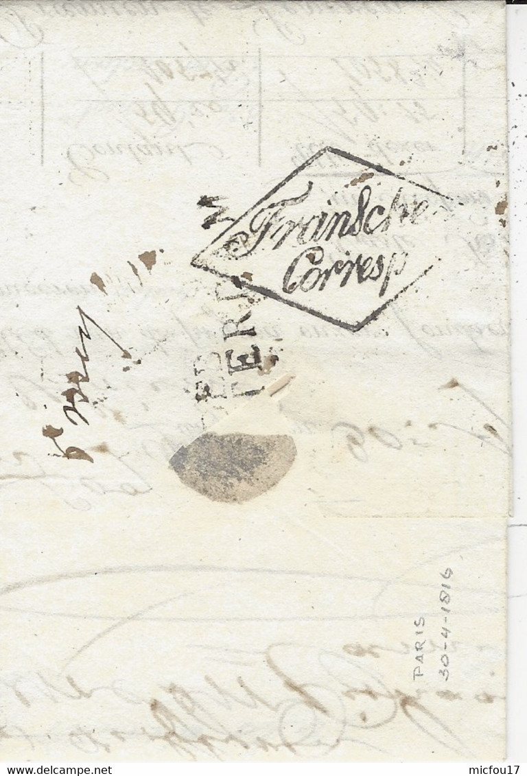 30-4-1816- Lettre De Paris Pour Schiedam " Par Rotterdam"  -au Dos, Fransche /Corresp Dans Un Losa + DEB.119 / ROTTERDAM - 1801-1848: Précurseurs XIX