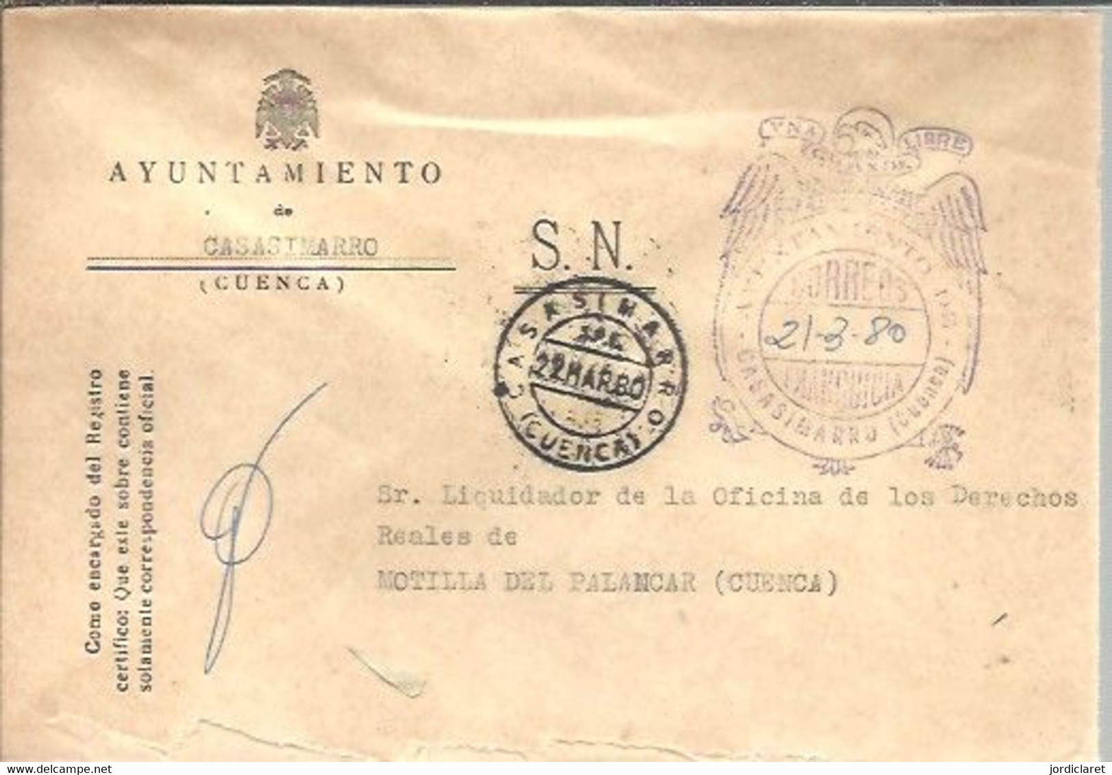 AYUNTAMIENTO  CASASMARRO CUENCA  1980 - Postage Free