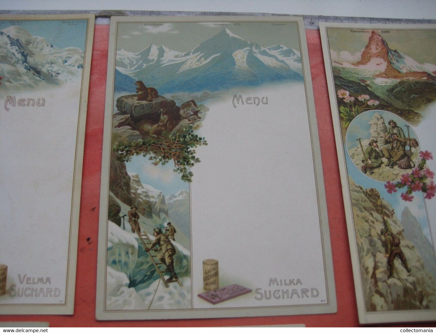 SUCHARD Menus11 second part A, 6 chromos 1-6, c1902 Bergen mountain climbing montagne guides SUISSE chocolat Tres Bien