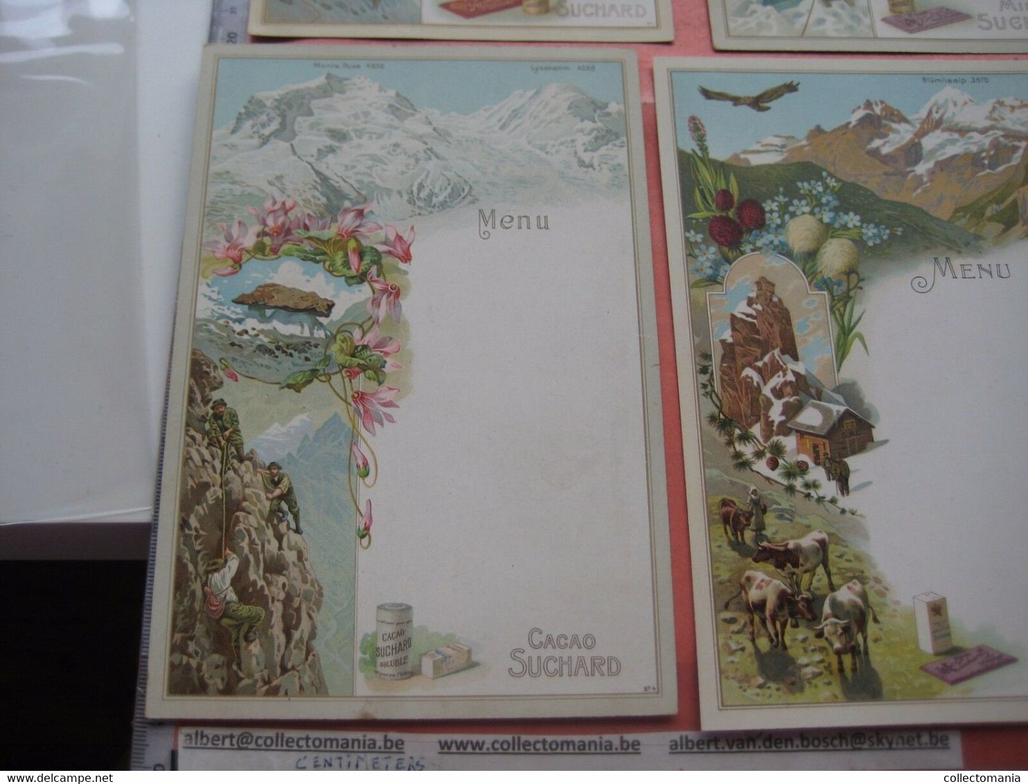 SUCHARD Menus11 second part A, 6 chromos 1-6, c1902 Bergen mountain climbing montagne guides SUISSE chocolat Tres Bien