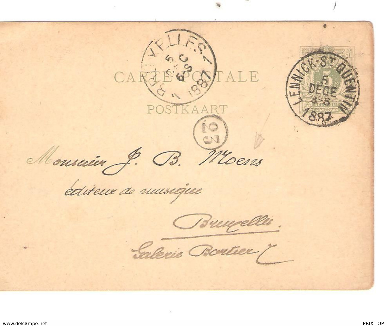 REF4692/Entier CP 5 C Lion C. Lennick-St-Quentin 6/12/1887 > J.B.Moens éditeur De Musique BXL C.d'arrivée + C.facteur 23 - Posta Rurale