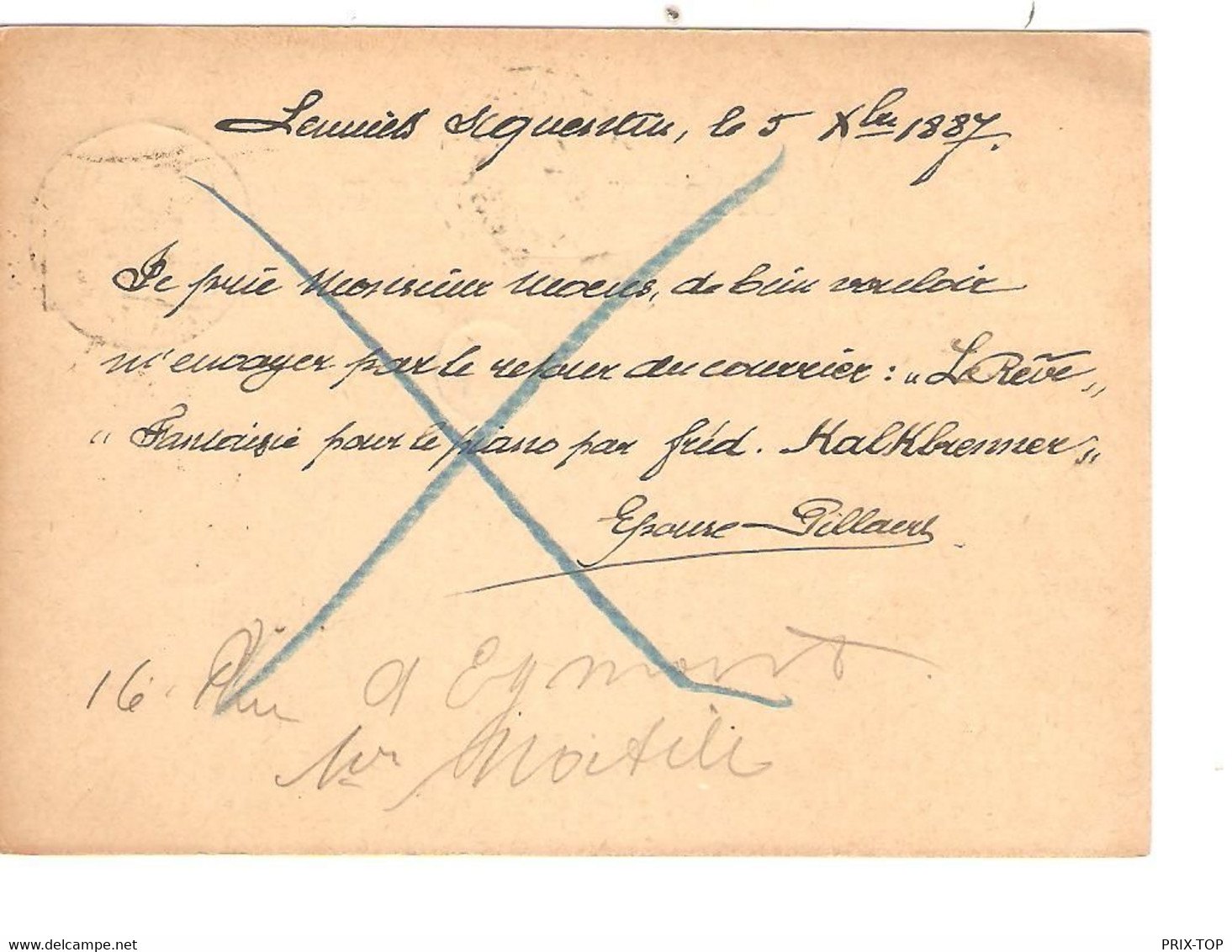 REF4692/Entier CP 5 C Lion C. Lennick-St-Quentin 6/12/1887 > J.B.Moens éditeur De Musique BXL C.d'arrivée + C.facteur 23 - Landelijks Post