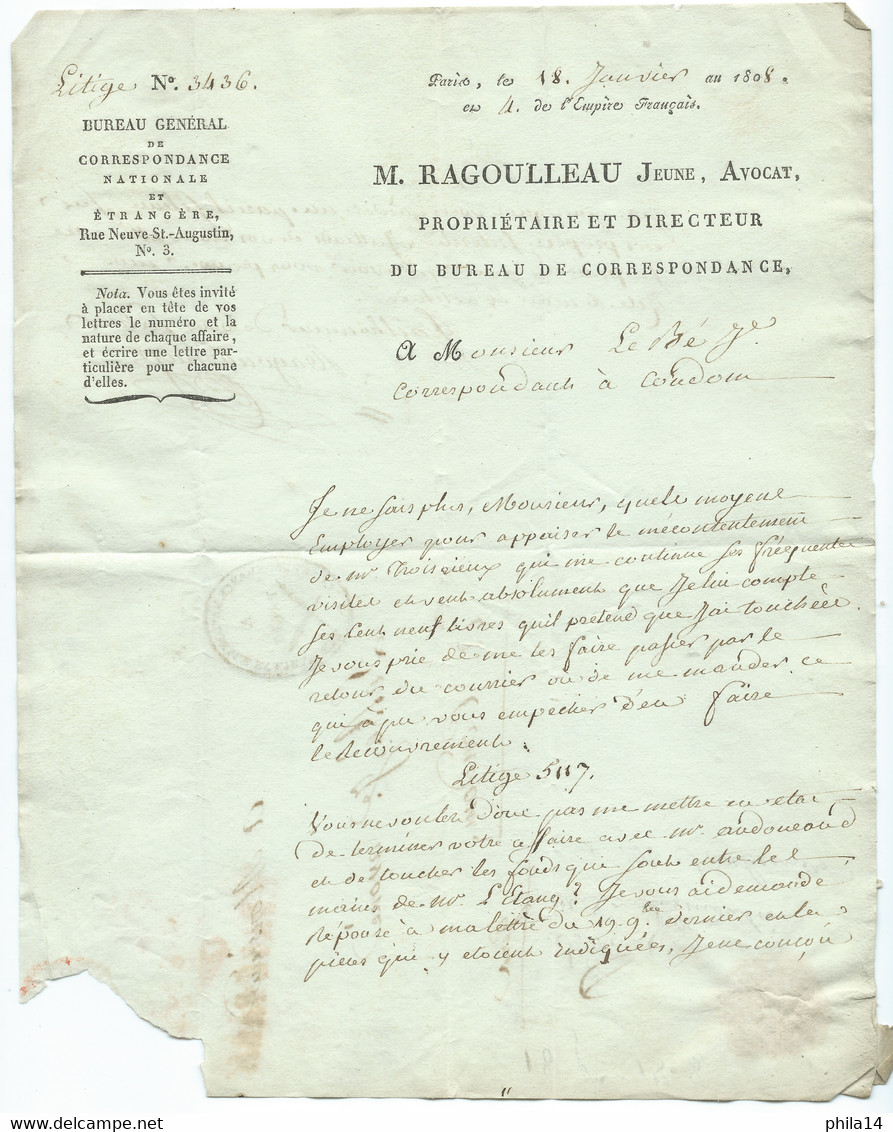 MARQUE POSTALE DE PARIS POUR CONDOM / 18 JANV 1808 / RAGOULLEAU / CORRESPONDANCE NATIONALE ET ETRANGERE - 1801-1848: Précurseurs XIX